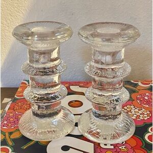 2 PUKEBERG  PRESSED GLASS CANDLESTICKS 2 RING SWEDEN LITTALA ? Scandinavian